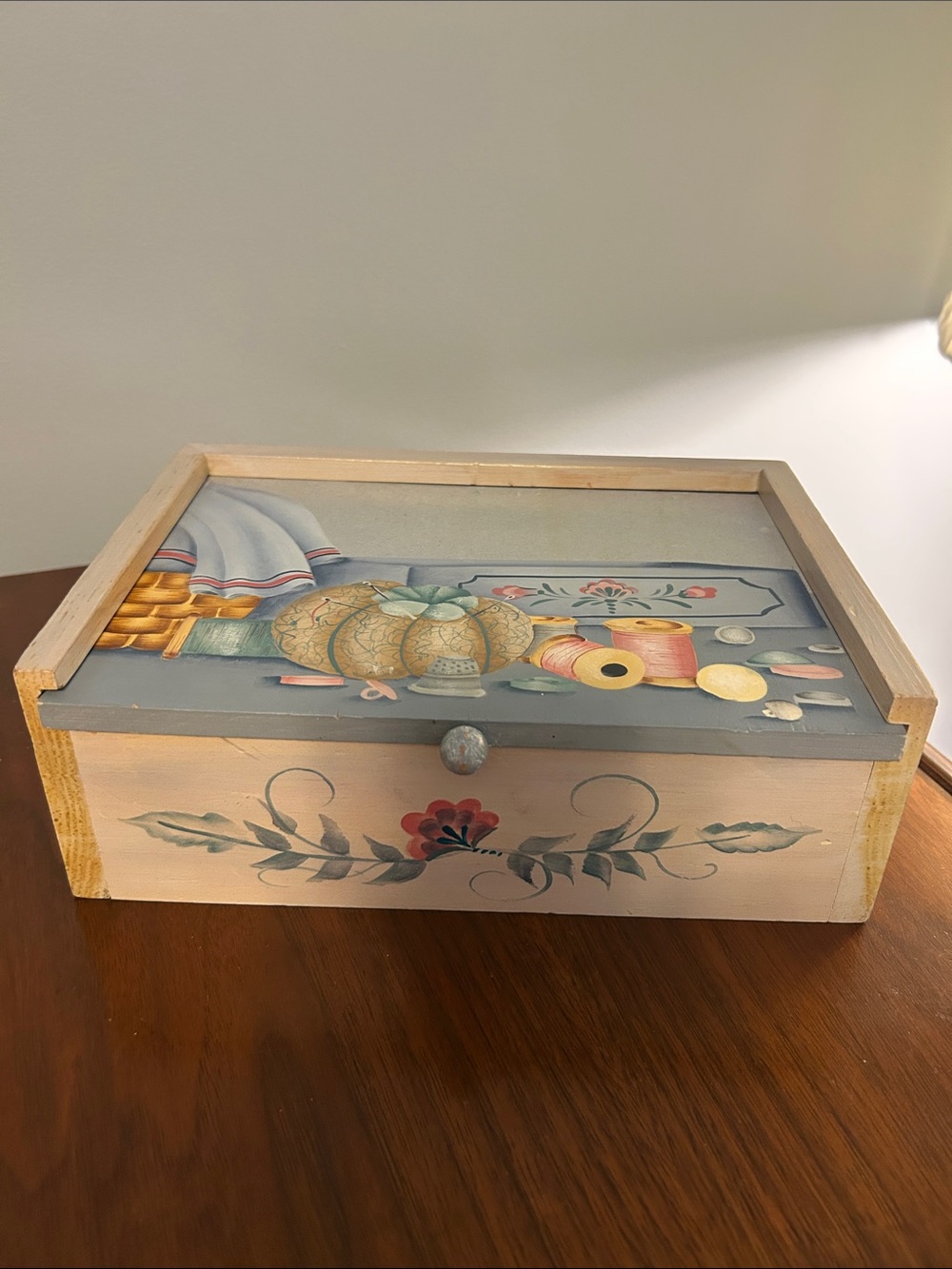 Vintage Hand-Painted Wooden Sewing Box 
Keepsake Chest